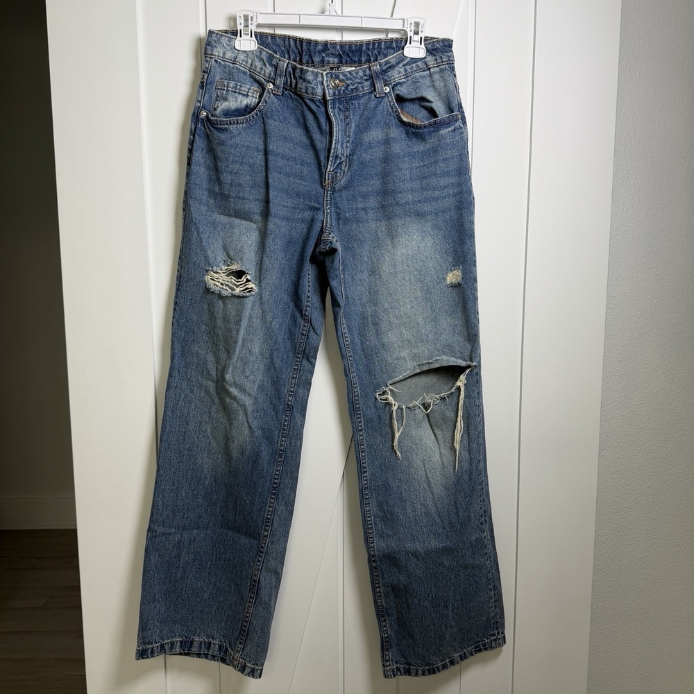 H&M Divided Distressed Wide Leg blue denim Jeans Size 6 Grunge 90s Streetwear